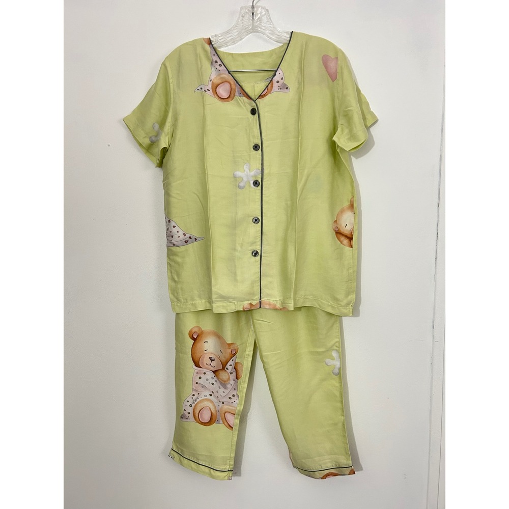 Sleepcode Womens Teddy Bear Pajama Set Lime Green Short Sleeve Button Front M